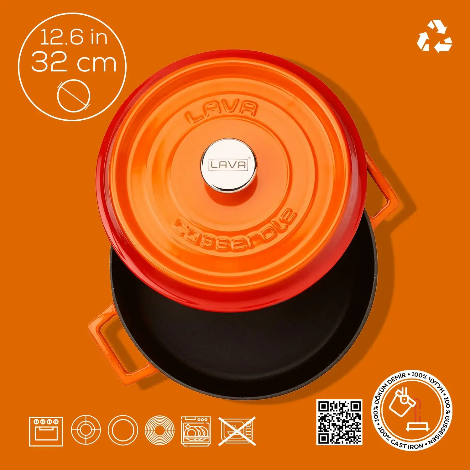 Lava Tencere Ç.A. Yuvarlak Turuncu Trendy Kapak 32 Cm