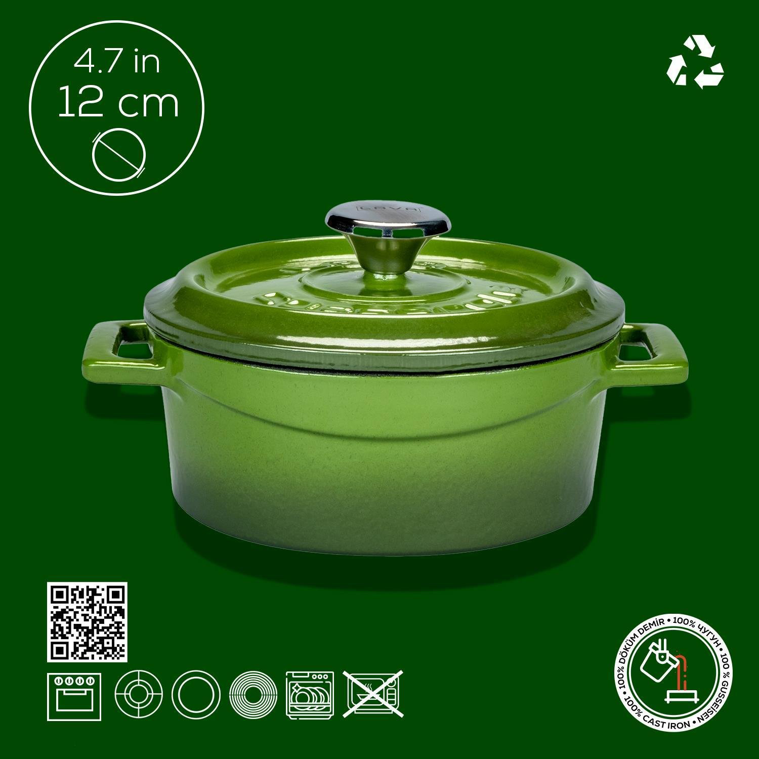 Lava Tencere Mini Yuvarlak Yeşil Trendy Kapak 12 Cm