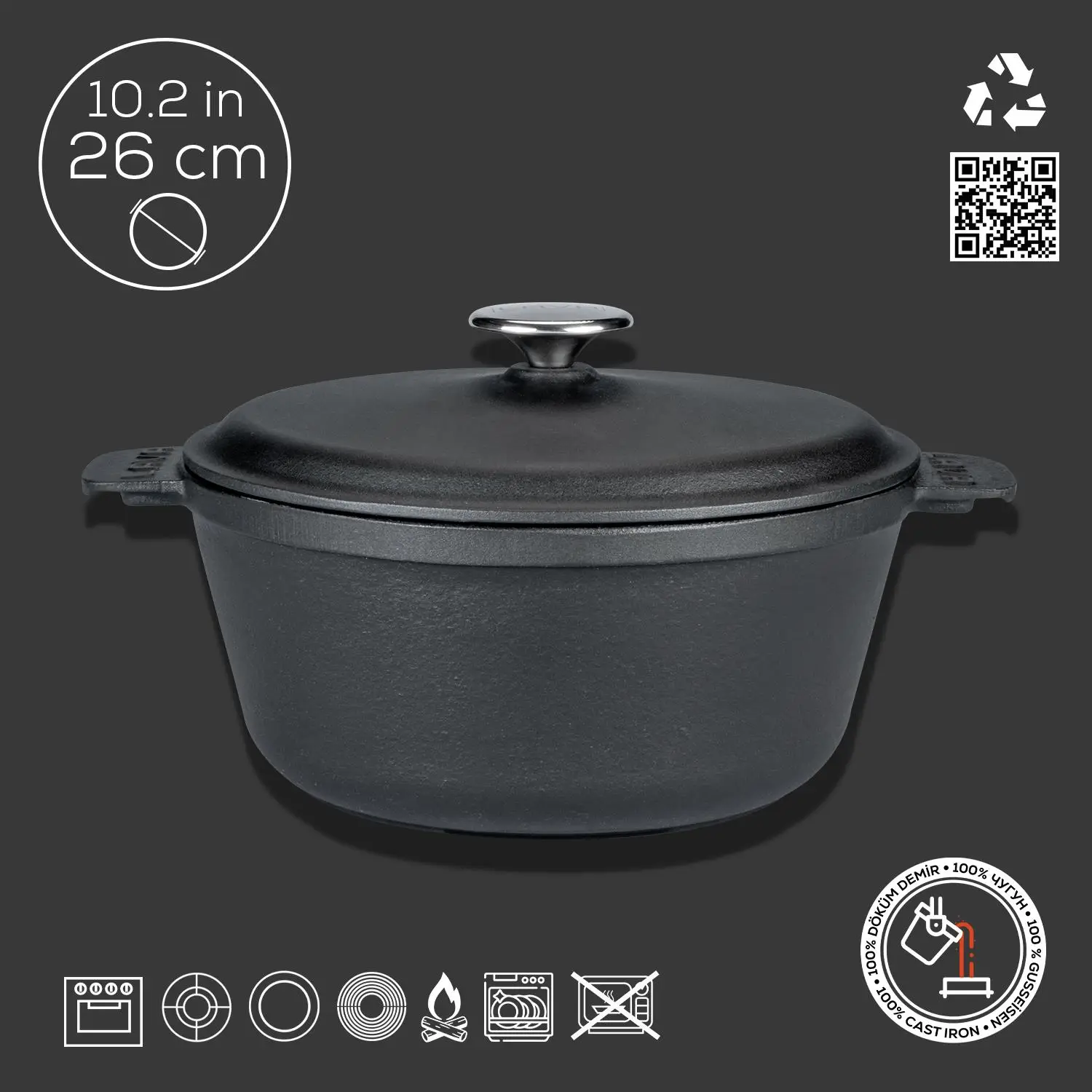Lava Tencere Mini Yuvarlak Siyah Demir Kapak 26 Cm