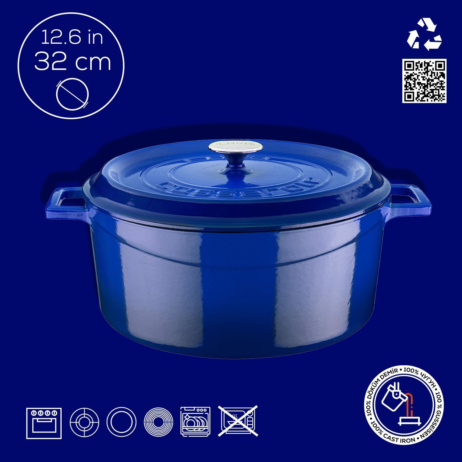 Lava Tencere Yuvarlak Mavi Trendy Kapak 32 Cm