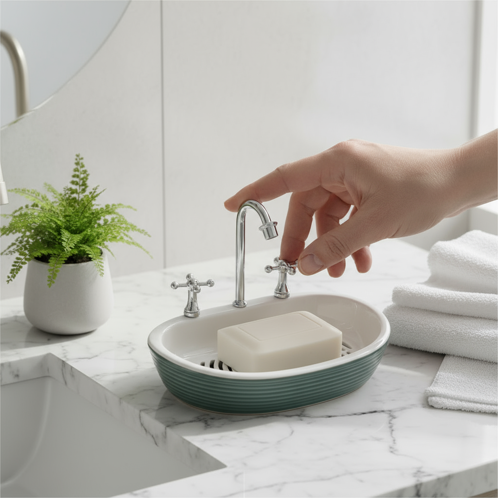 Lavabo Tasarım Sabunluk Vintage Musluk Detaylı Dekoratif Banyo Ak