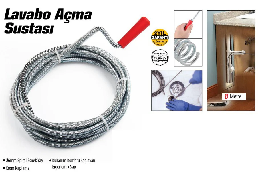 Lavabo Ve Gider Boruları Açacağı - Lavabo Açma Sustası - 8Metre Lavabo Ve Gider Boruları Açacağı - Lavabo Açma Sustası - 8Metre