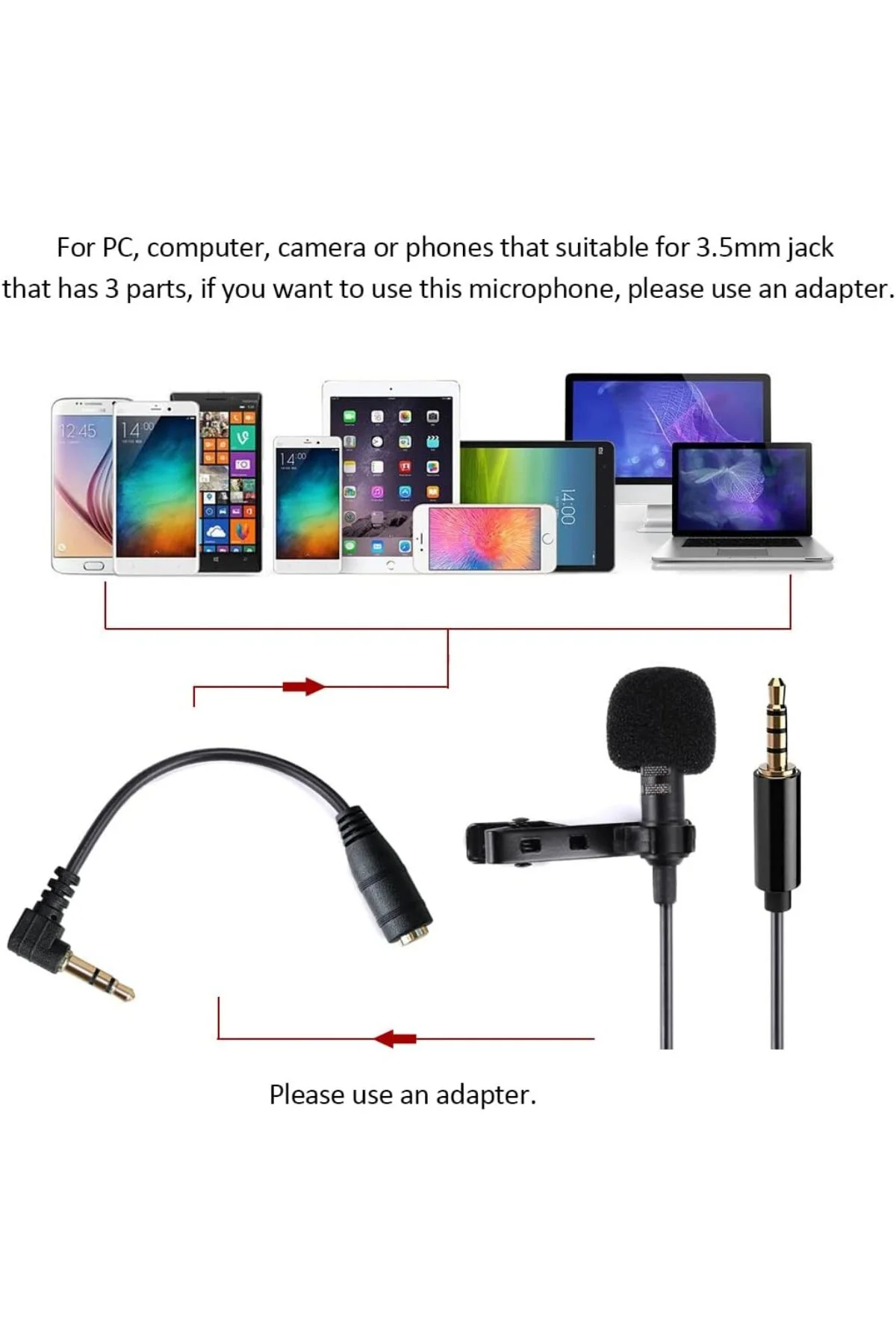 Lavalier mikrofon, çok yönlü kondansatör Lapel Mic kolay klipsli Lavalier mikrofon, çok yönlü kondansatör Lapel Mic kolay klipsli