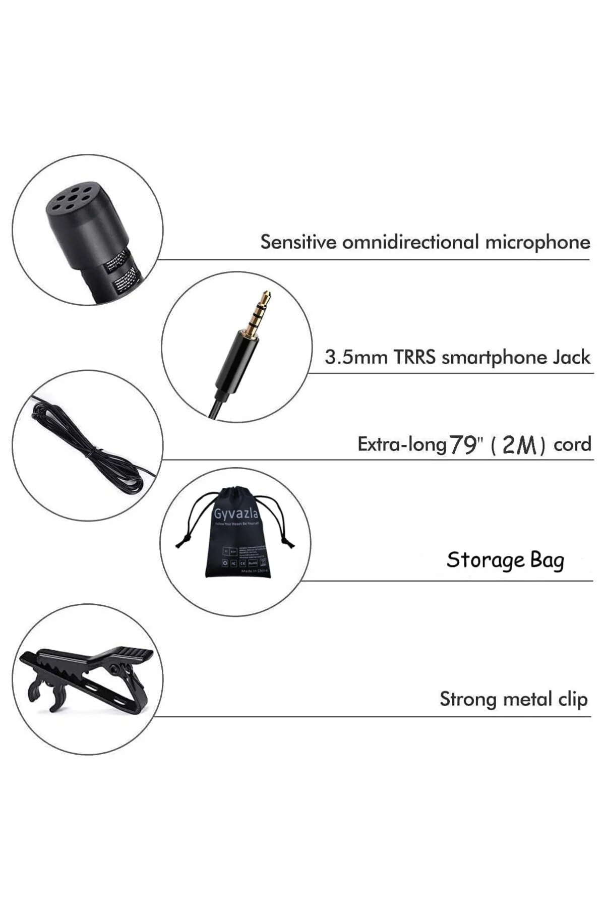 Lavalier mikrofon, çok yönlü kondansatör Lapel Mic kolay klipsli Lavalier mikrofon, çok yönlü kondansatör Lapel Mic kolay klipsli