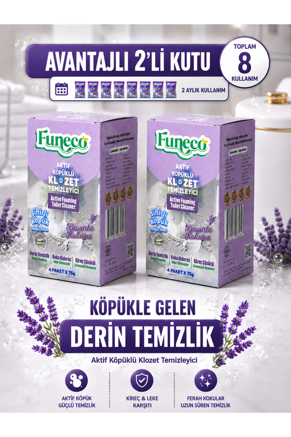 Lavanta Ferahlığı - Avantajlı Paket - 2 Kutu - 8 Paket - Tuvalet Klozet Temizleyici, Aktif Köpüklü Fiyatı, Yorumları ve Özellikleri