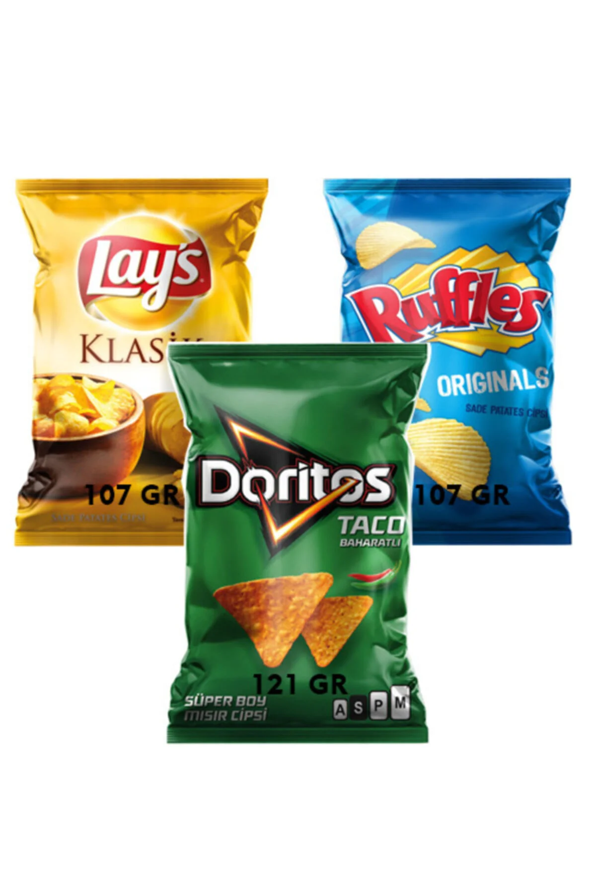 Lays 107gr + Ruffles 107gr+doritos 121gr