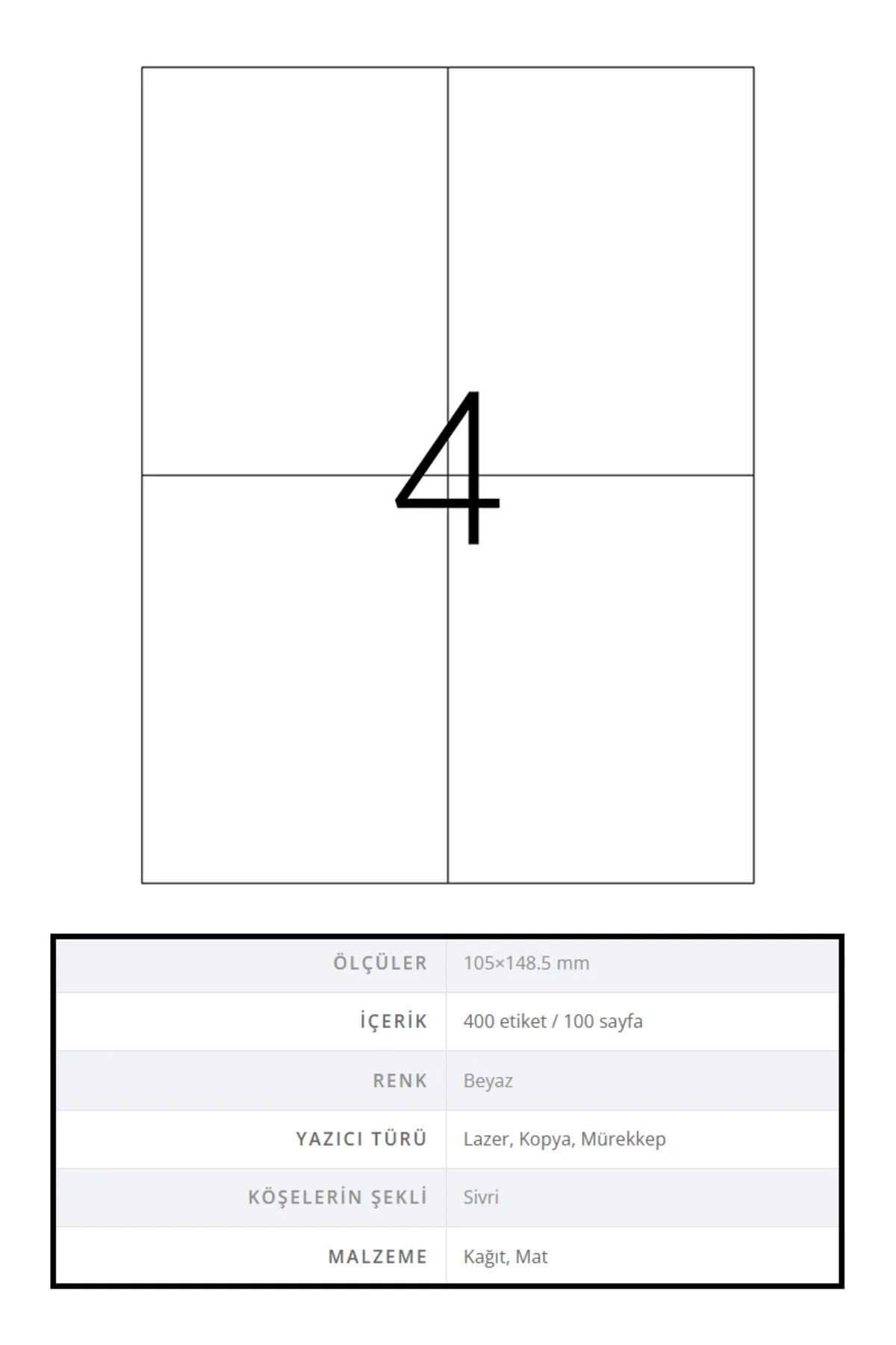 Lazer Etiket A4 Kendinden Yapışkanlı 105*148,5 mm (laser-inkjet i