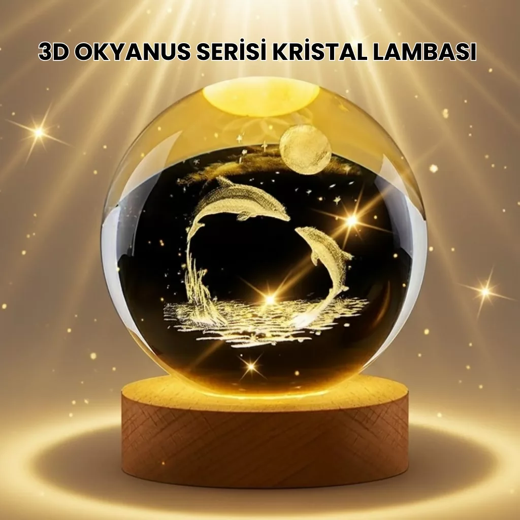 Lazer İşlemeli Yunus Kristal Küre Sıcak Işıklı Ahşap Standlı - Lisinya