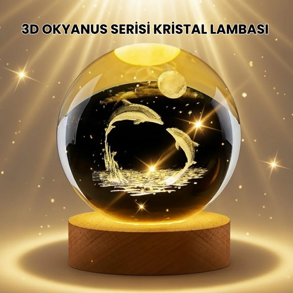 Lazer İşlemeli Yunus Kristal Küre Sıcak Işıklı Ahşap Standlı - Şık ve Modern Dekoratif Aksesuar