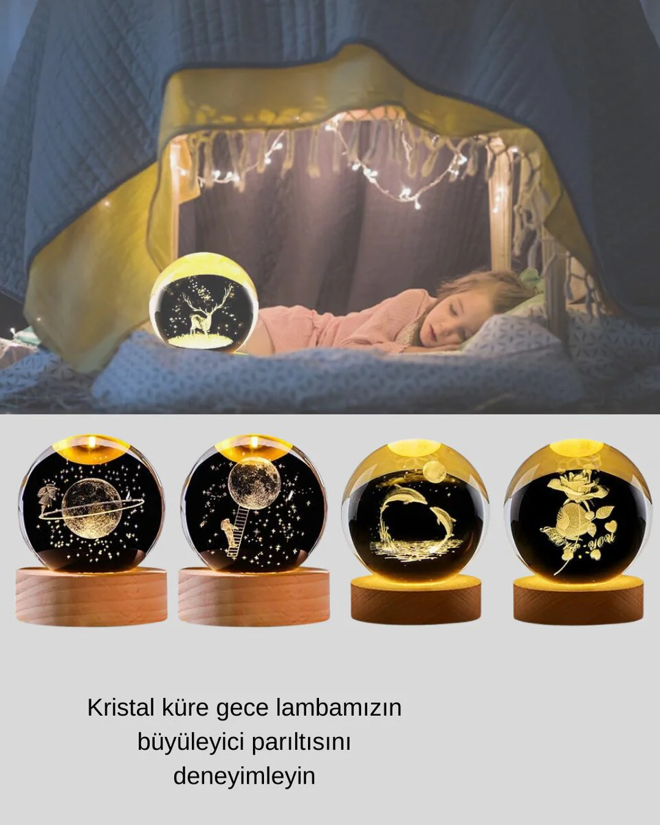 Lazer İşlemeli Yunus Kristal Küre Sıcak Işıklı Ahşap Standlı