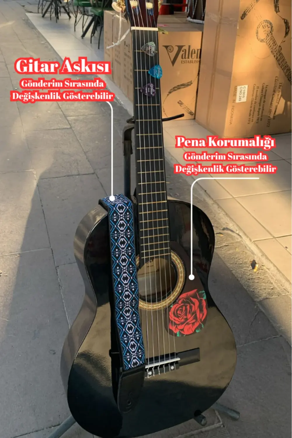 LB44290 Black & Rose 4/4 Siyah Klasik Gitar (Kılıf, Gitar Sehpası