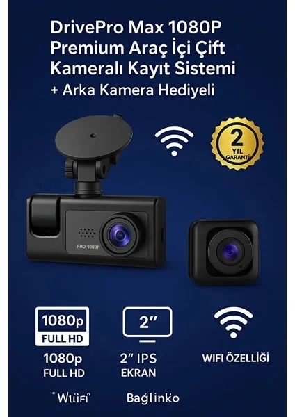 LCD Ekranlı 1080p 3 Kameralı Araç İçi Kamera Geri Görüş Destekli Gece Görüşlü G Sensörlü