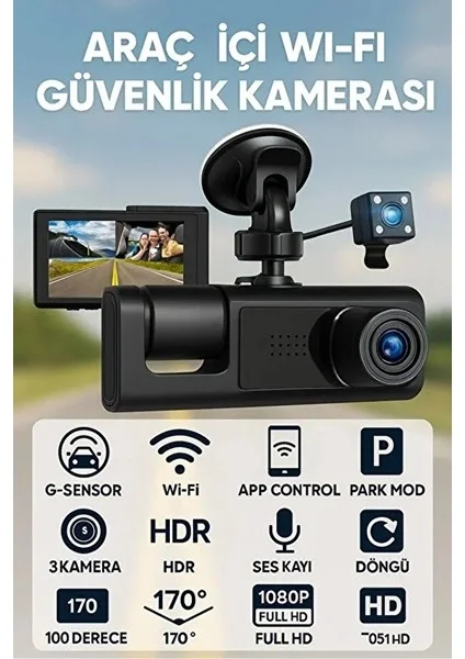 LCD Ekranlı 1080p 3 Kameralı Araç İçi Kamera Geri Görüş Destekli Gece Görüşlü G Sensörlü