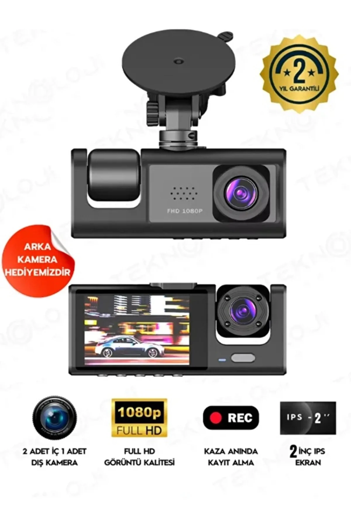 LCD Ekranlı 3 Kameralı Dash Cam Araç İçi Yol Kayıt Kamerası Gece Görüşlü G Sensörlü