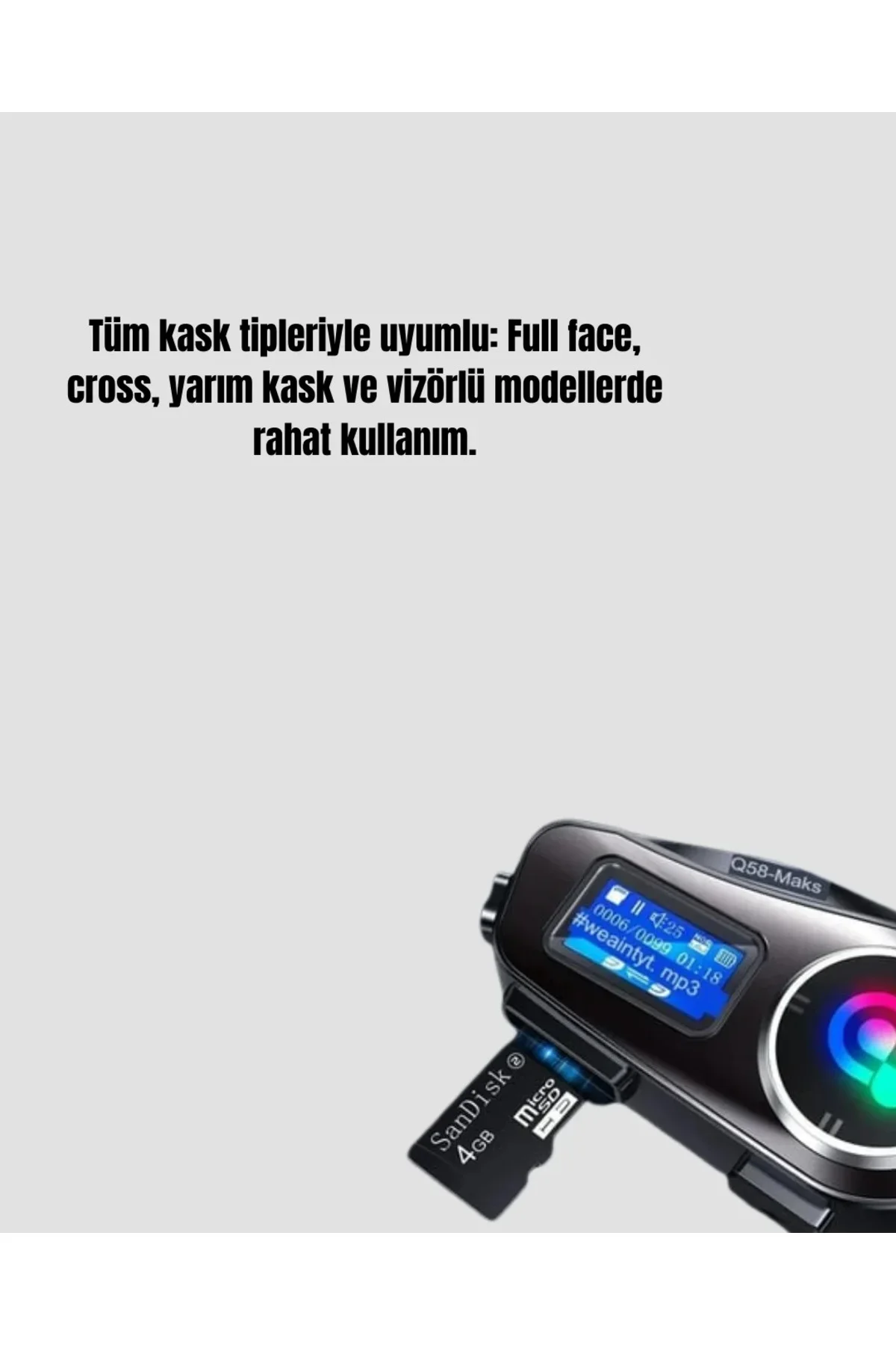 LCD Ekranlı Bluetooth Kask Kulaklığı FM Radyo ve SD Kart Girişli