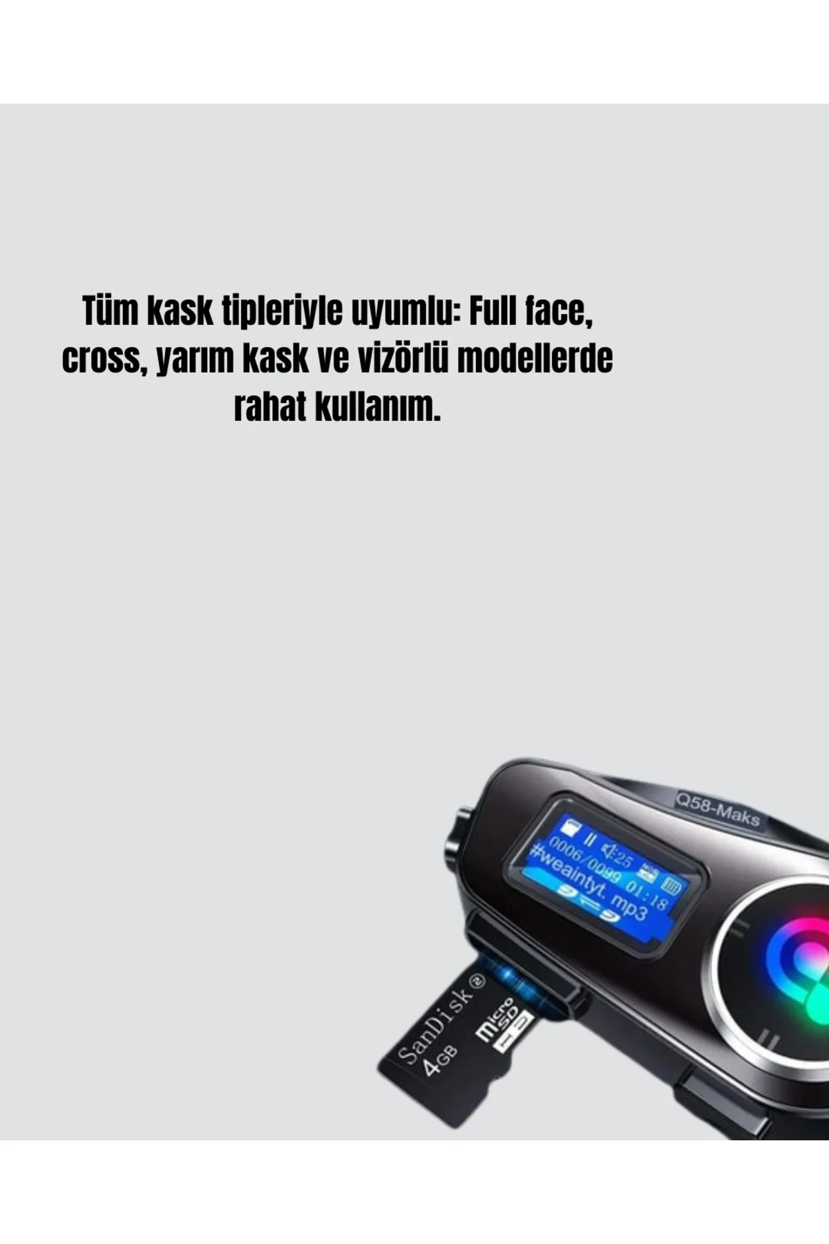 LCD Ekranlı Bluetooth Kask Kulaklığı FM Radyo ve SD Kart Girişli