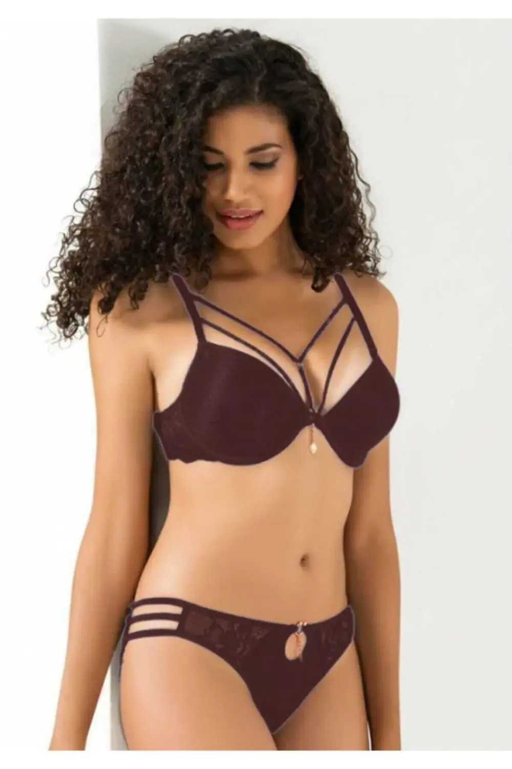 Le Jardın Silikonlu Bordo Taşlı Simli Sütyen Takım 5020