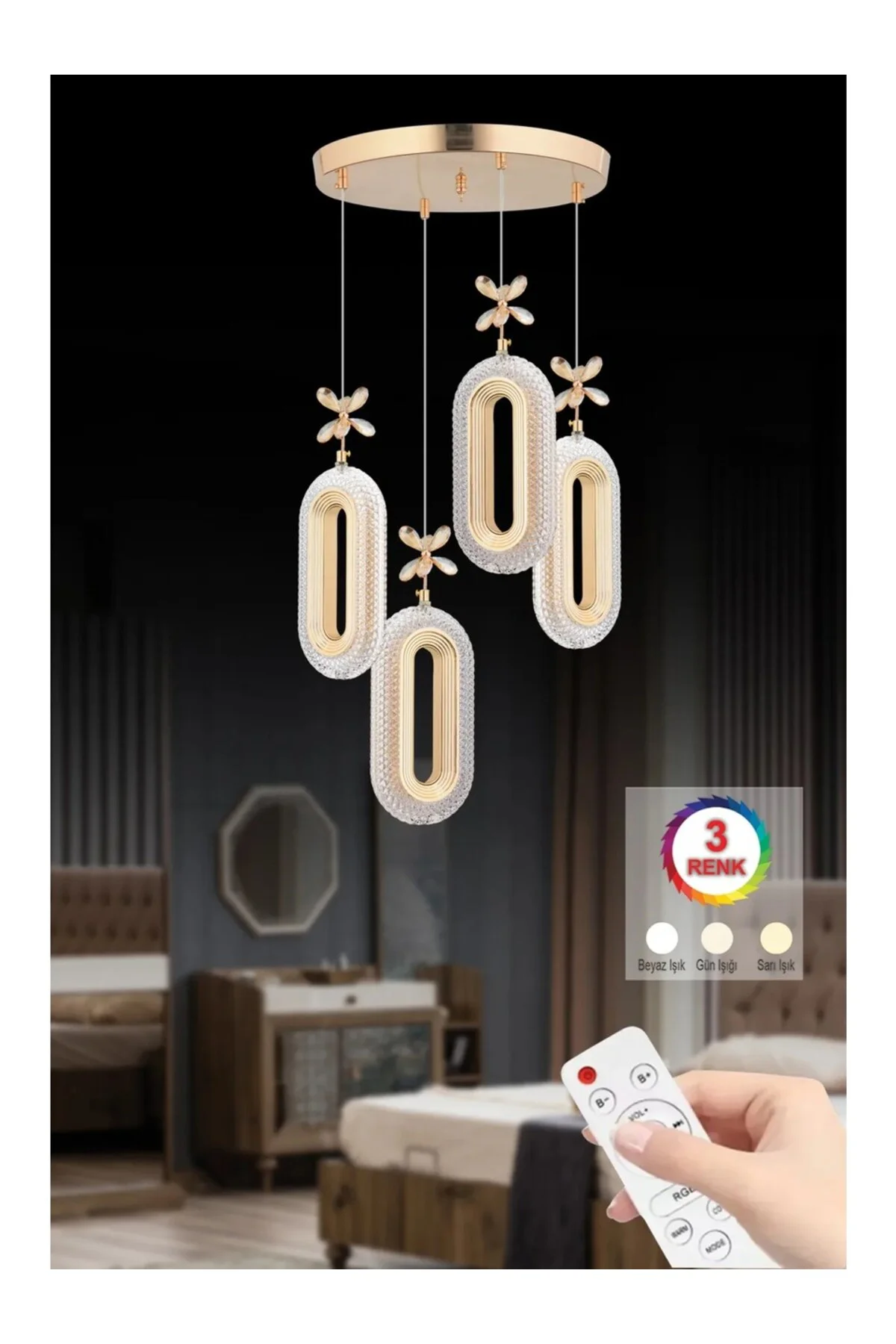 Led 4'lü Gold Kumandalı 3 Renk Ledli Modern Led Avize