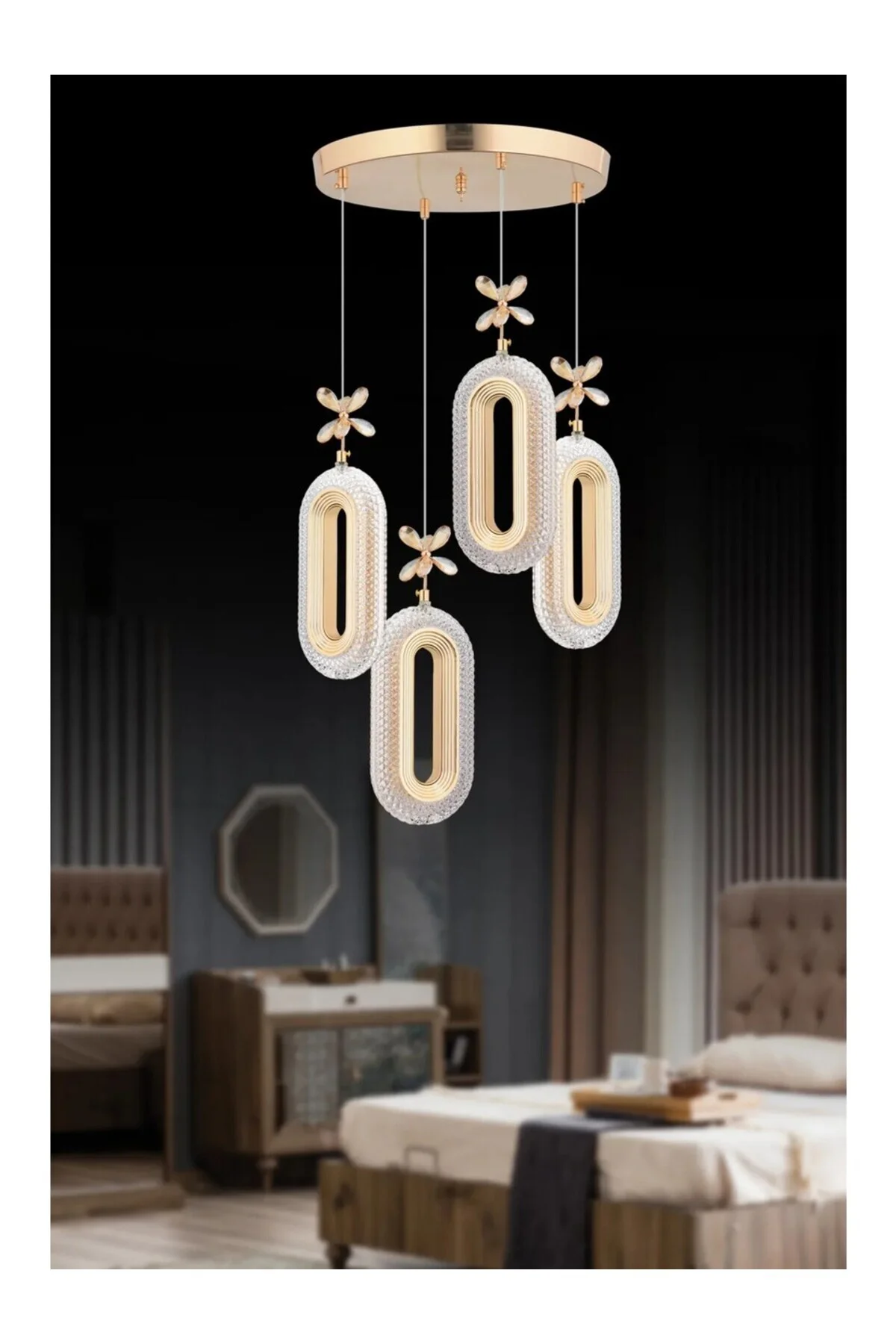 Led 4'lü Gold Kumandalı 3 Renk Ledli Modern Led Avize