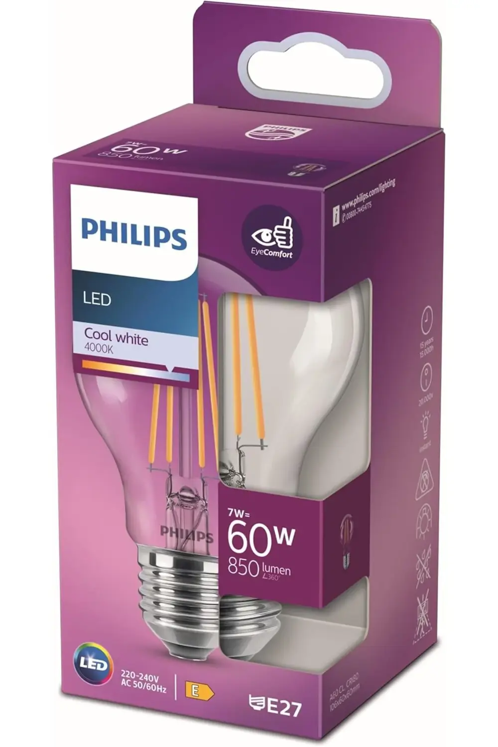 LED 60W A60 Filament Ampul, 4000K Gün Işığı, E27 Normal Duy, Dim