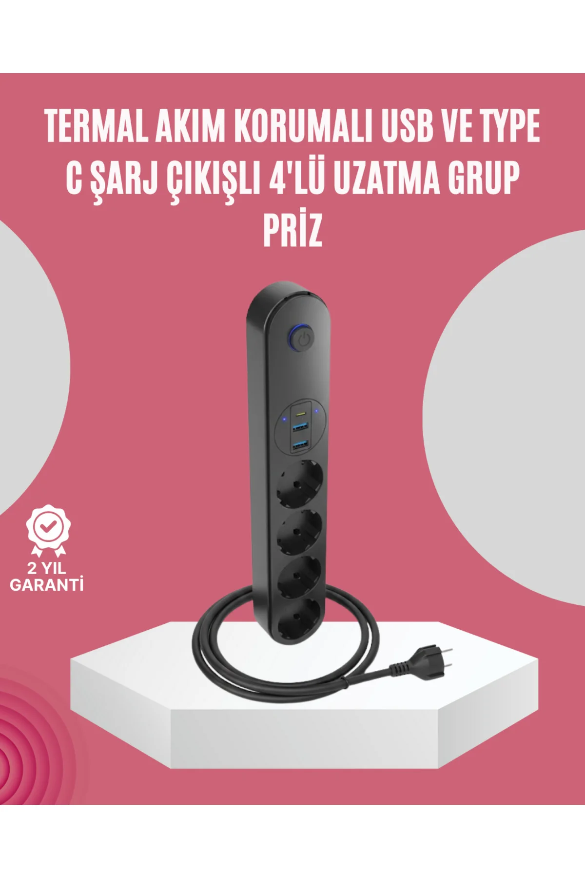 Led Anahtarlı Akım Korumalı Çoklu Priz 4 Priz 3 USB Girişli