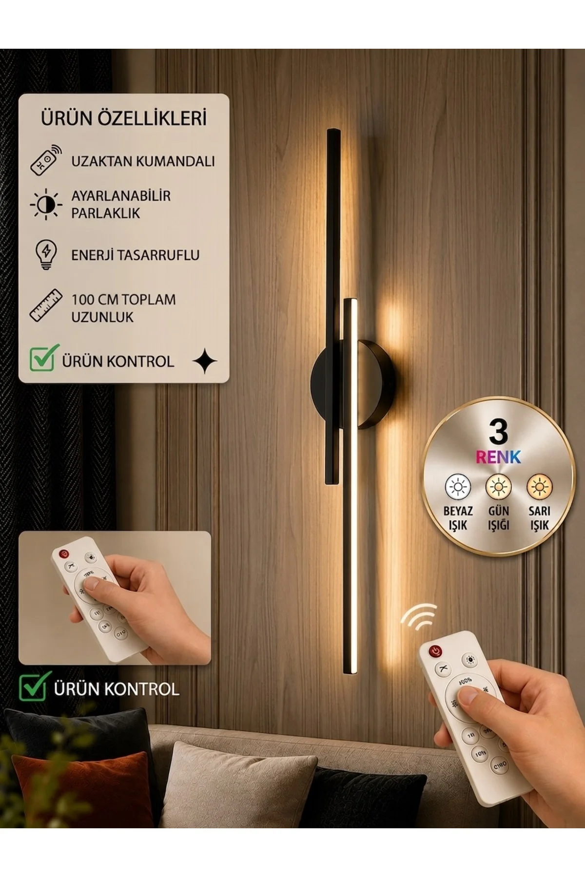 Led Aplik Dekor 3 Renk Işık kumandalı 100cm toplam uzunluk