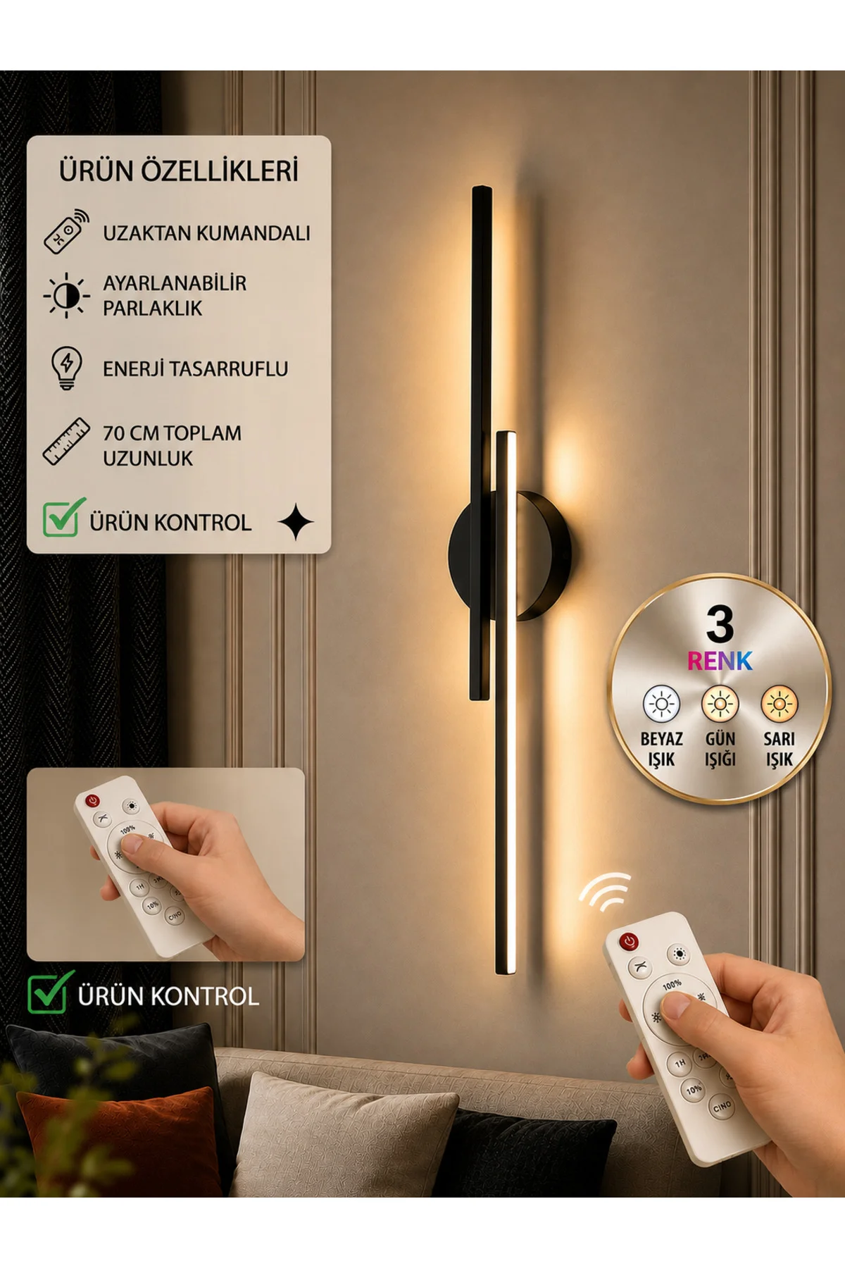 Led Aplik Dekor 3 Renk Işık kumandalı 70cm toplam uzunluk