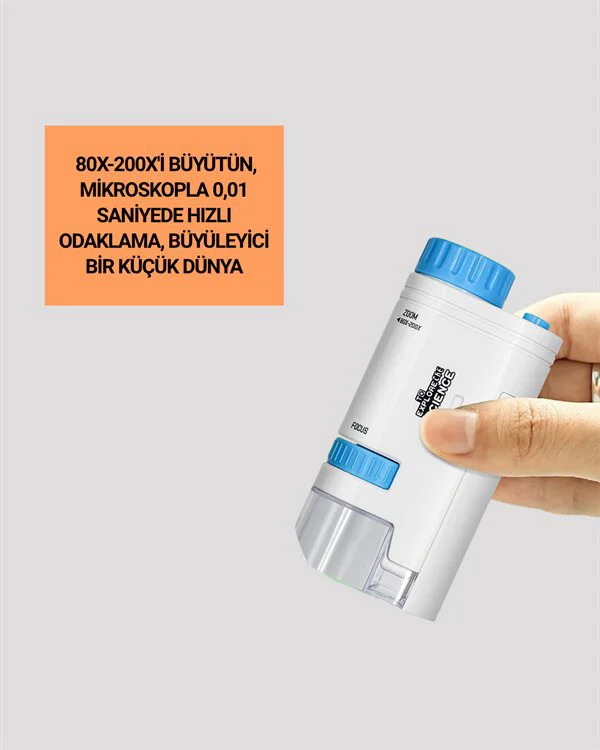 LED Aydınlatmalı 80-200x Büyütmeli Cep Mikroskopu - Taşınabilir Bilim Laboratuvarı