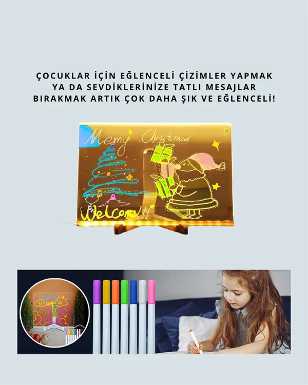 LED Aydınlatmalı Şeffaf Mesaj Tahtası – 30x20 cm, Neon Etkili Yazılar İçin Tasarlandı