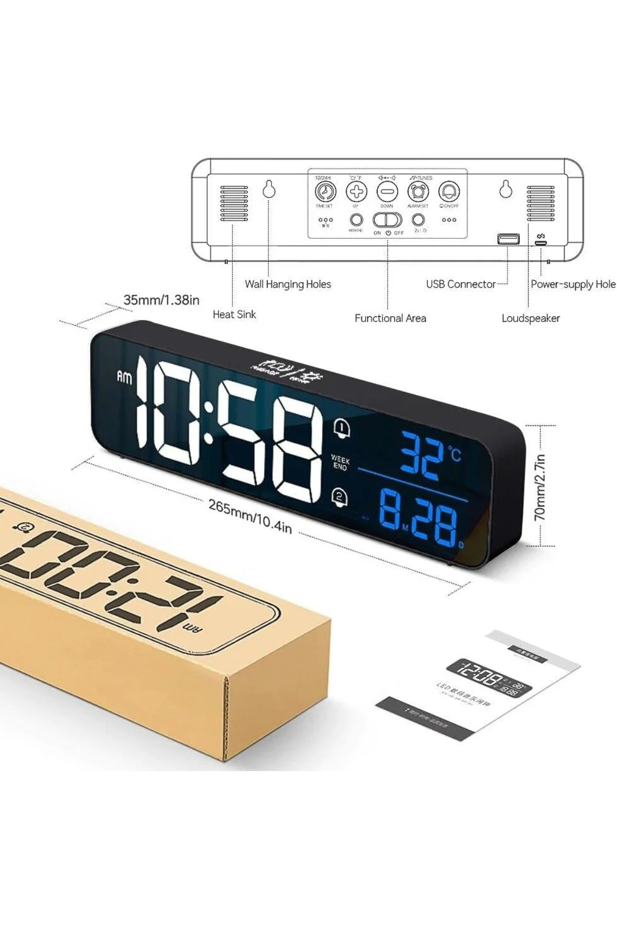 LED Aynalı Dereceli 2400mAh Dijital Duvar Masa Saati