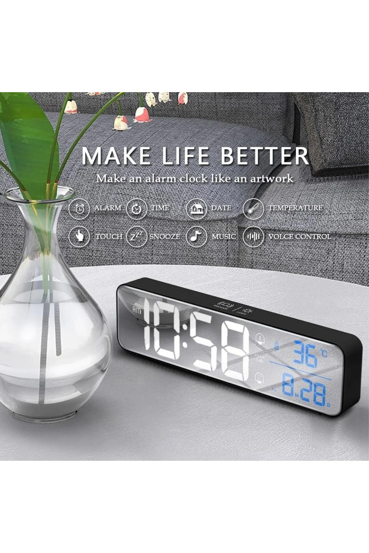 LED Aynalı Dereceli 2400mAh Dijital Duvar Masa Saati