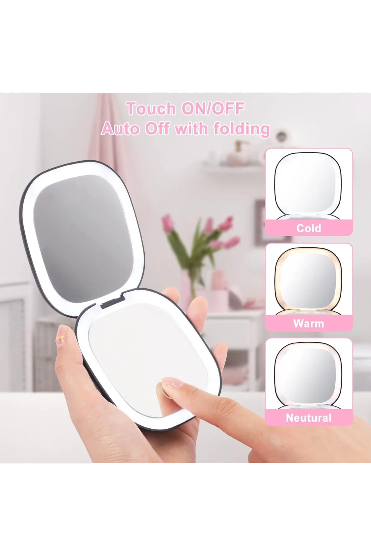 LED cep aynası, kozmetik aynası, 10 kat el aynası, şarj edilebilir LED ayna, 3 renkli,