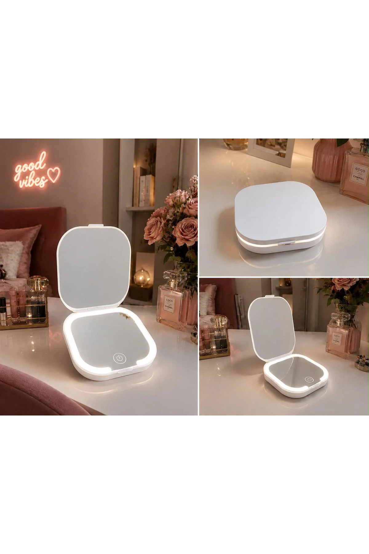 Led Çift Taraflı Kare Makyaj Aynası Küçük Taşınabilir Led Ayna 9 cm