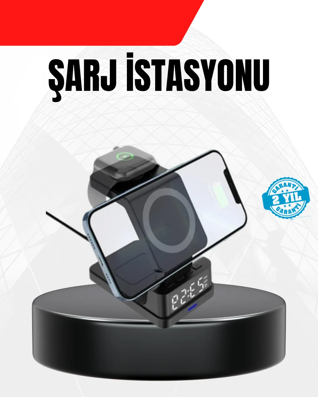 LED Dijital Saatli Kablosuz Şarj Cihazı – 3 Parlaklık Ayarlı, Şar