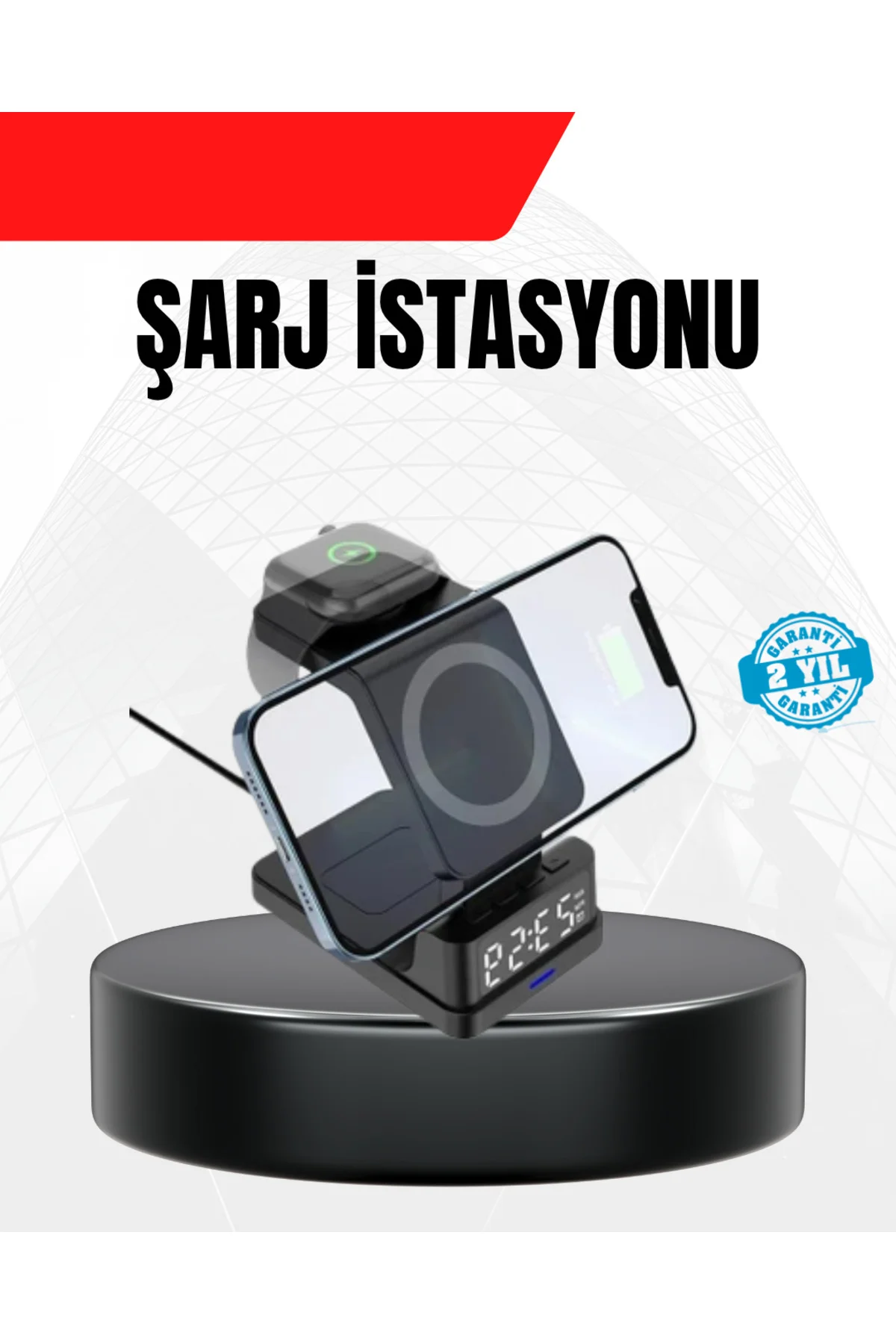 LED Dijital Saatli Kablosuz Şarj Cihazı – 3 Parlaklık Ayarlı, Şar