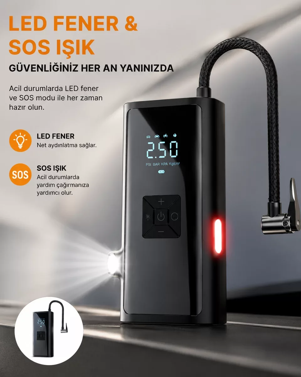 LED Fenerli ve SOS Işıklı Çok Fonksiyonlu Hava Kompresörü - Yeni Nesil & Kablosuz