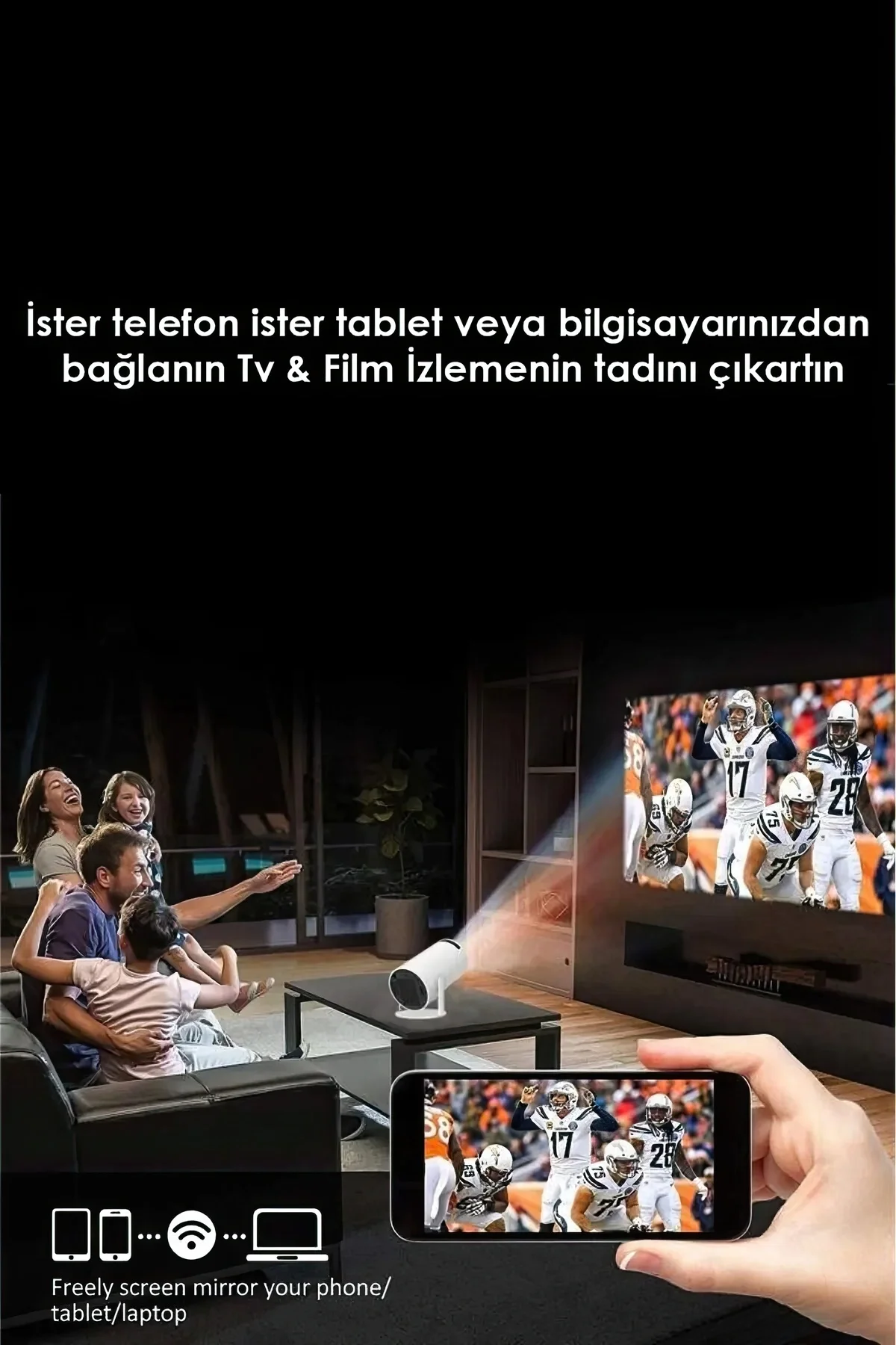 LED FULL HD projeksiyon cihazı 2160x1440 çözünürlük WiFi Bluetooth USB HDMI beyaz