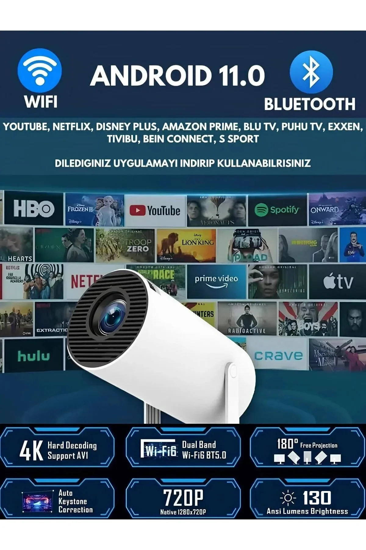 LED FULL HD projeksiyon cihazı 1920x1080 çözünürlük Bluetooth Android beyaz USB HDMI