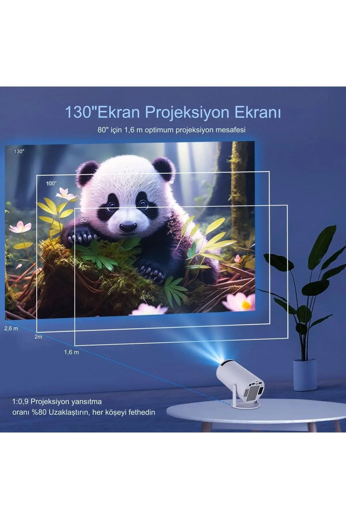 LED FULL HD projeksiyon cihazı 1280x720 çözünürlük 200 ansilümen 3000:1 kontrast beyaz