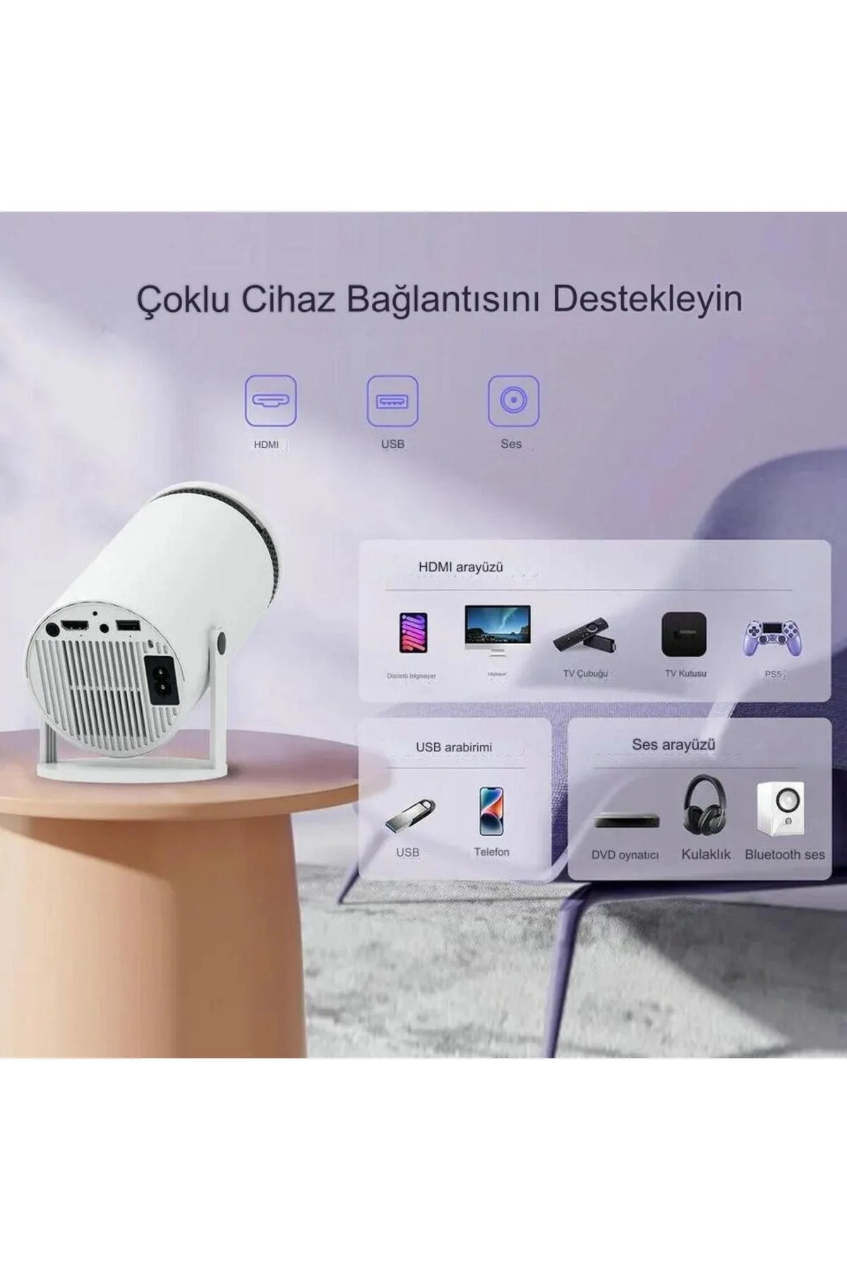 LED FULL HD projeksiyon cihazı 1280x720 çözünürlük 200 ansilümen 3000:1 kontrast beyaz
