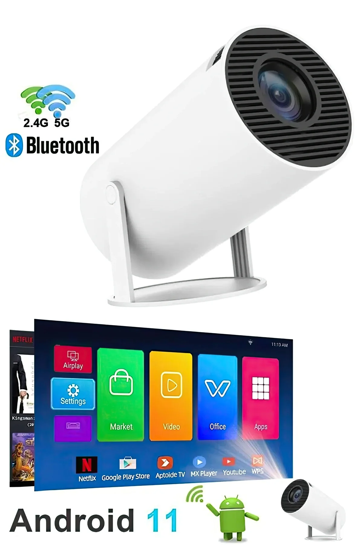 LED FULL HD projeksiyon cihazı 2160x1440 çözünürlük WiFi Bluetooth USB HDMI beyaz