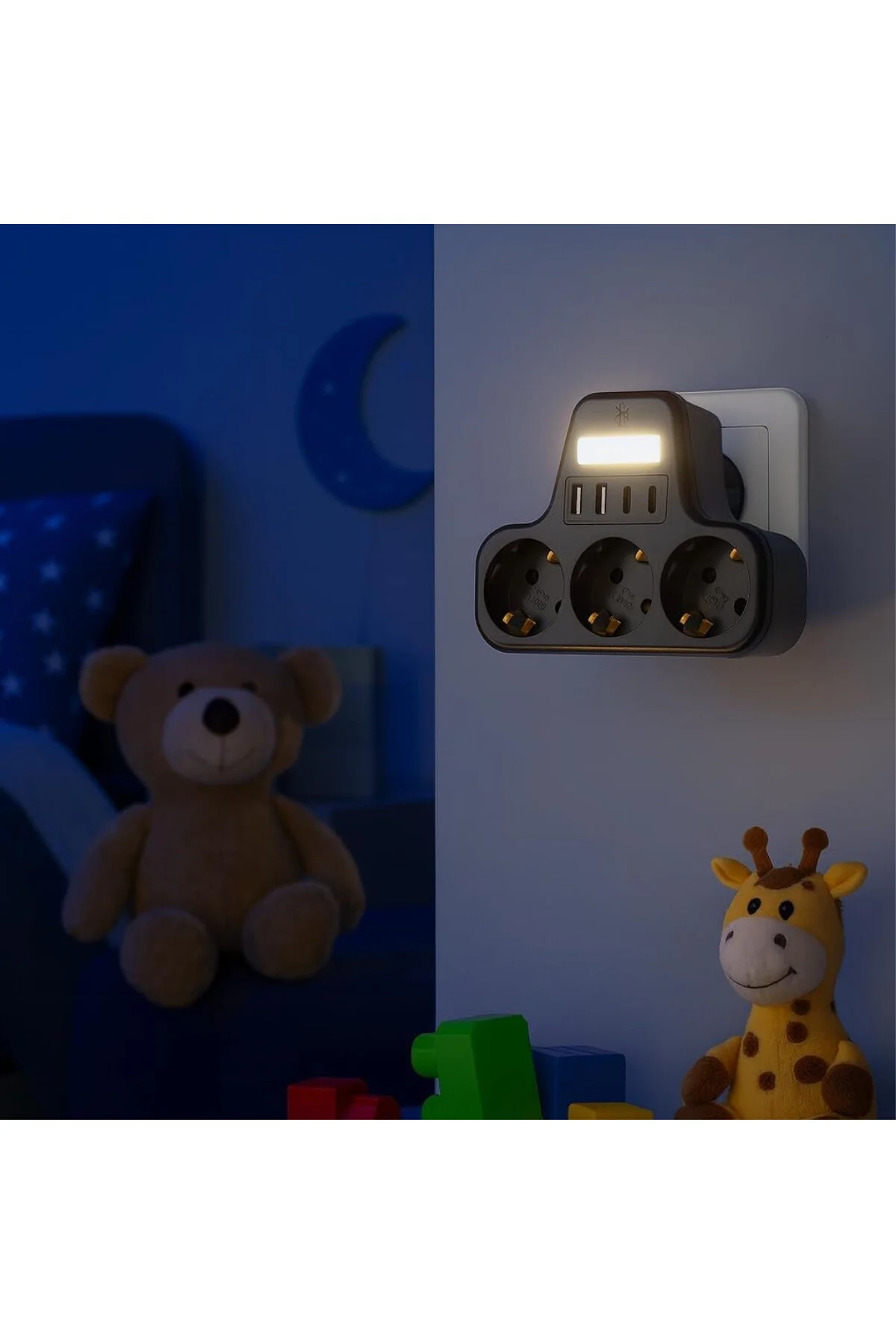 LED Gece Işıklı 3680 W Priz Adaptörü - 3'lü Akım Korumalı Priz + LED Gece Işıklı 3680 W Priz Adaptörü - 3'lü Akım Korumalı Priz +