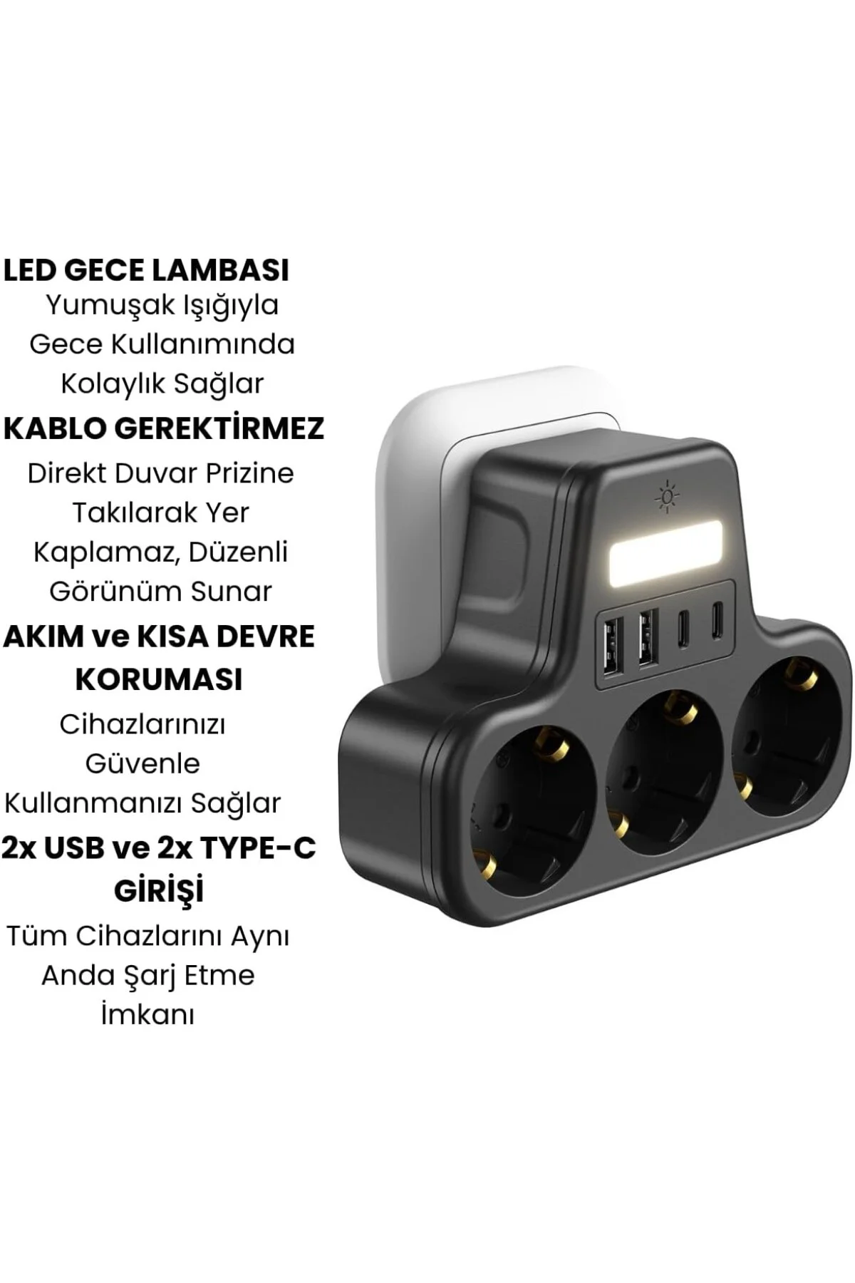 LED Gece Işıklı 3680 W Priz Adaptörü - 3'lü Akım Korumalı Priz + LED Gece Işıklı 3680 W Priz Adaptörü - 3'lü Akım Korumalı Priz +