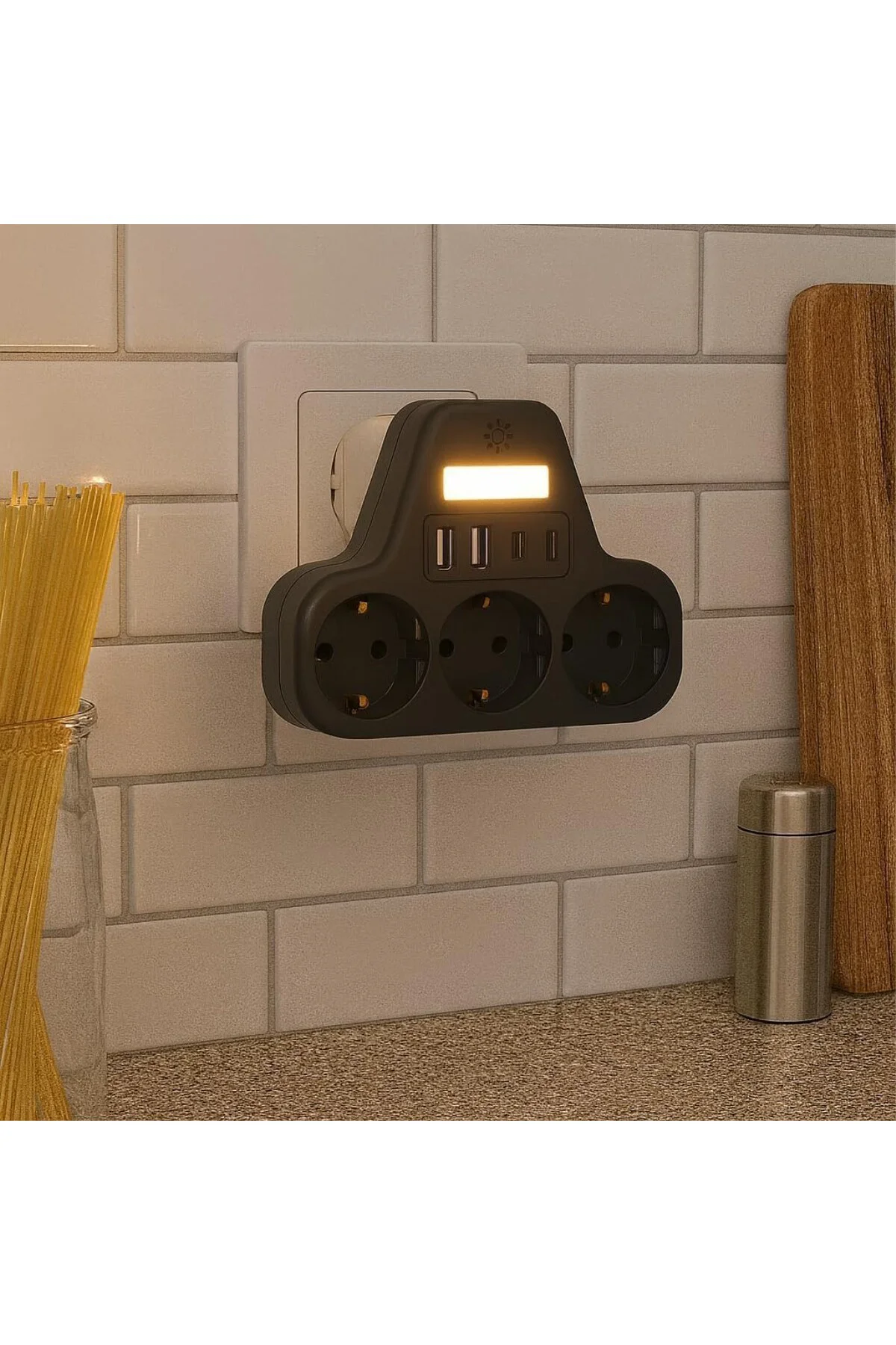 LED Gece Işıklı 3680 W Priz Adaptörü - 3'lü Akım Korumalı Priz + LED Gece Işıklı 3680 W Priz Adaptörü - 3'lü Akım Korumalı Priz +