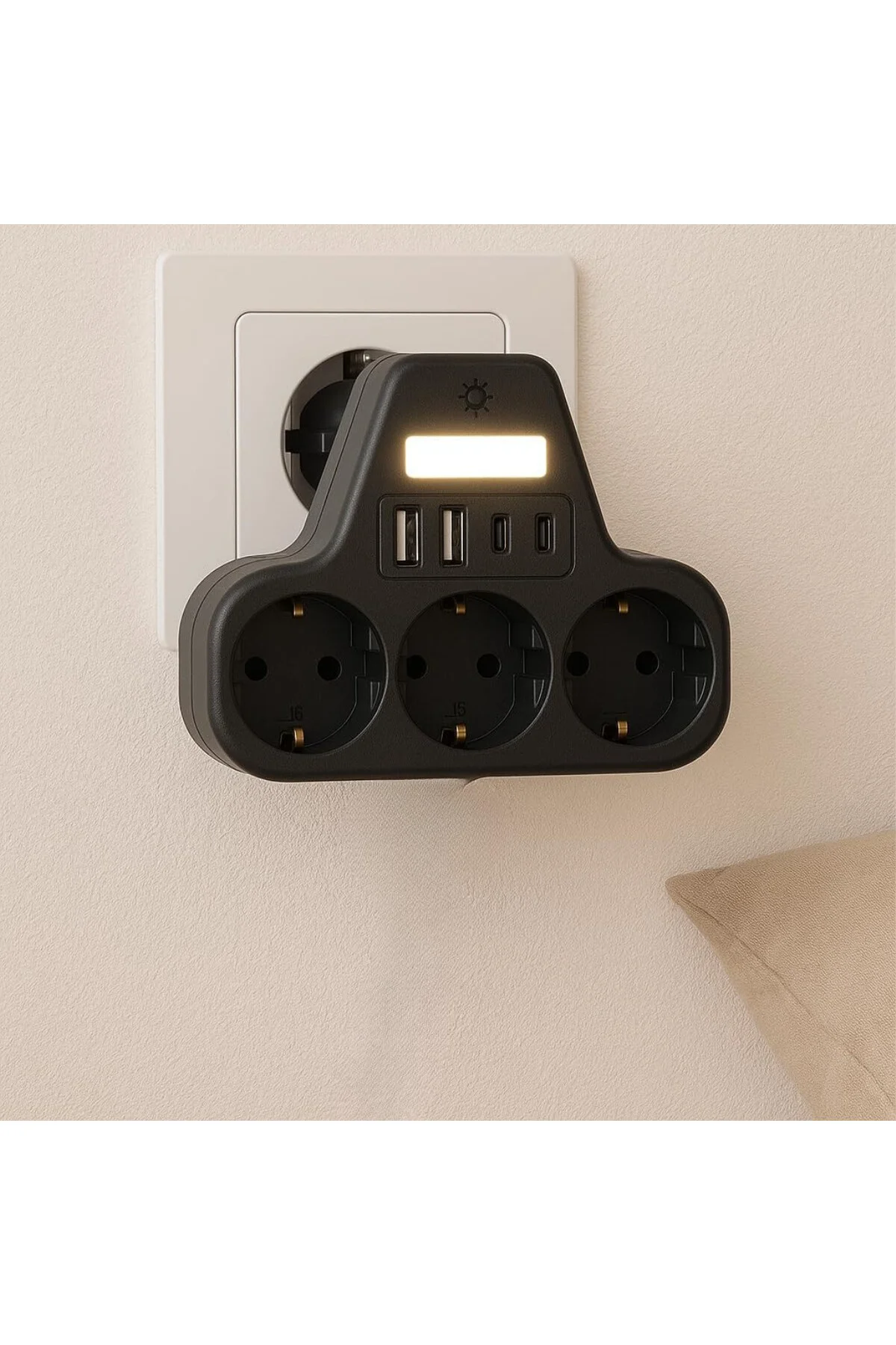 LED Gece Işıklı 3680 W Priz Adaptörü - 3'lü Akım Korumalı Priz + LED Gece Işıklı 3680 W Priz Adaptörü - 3'lü Akım Korumalı Priz +