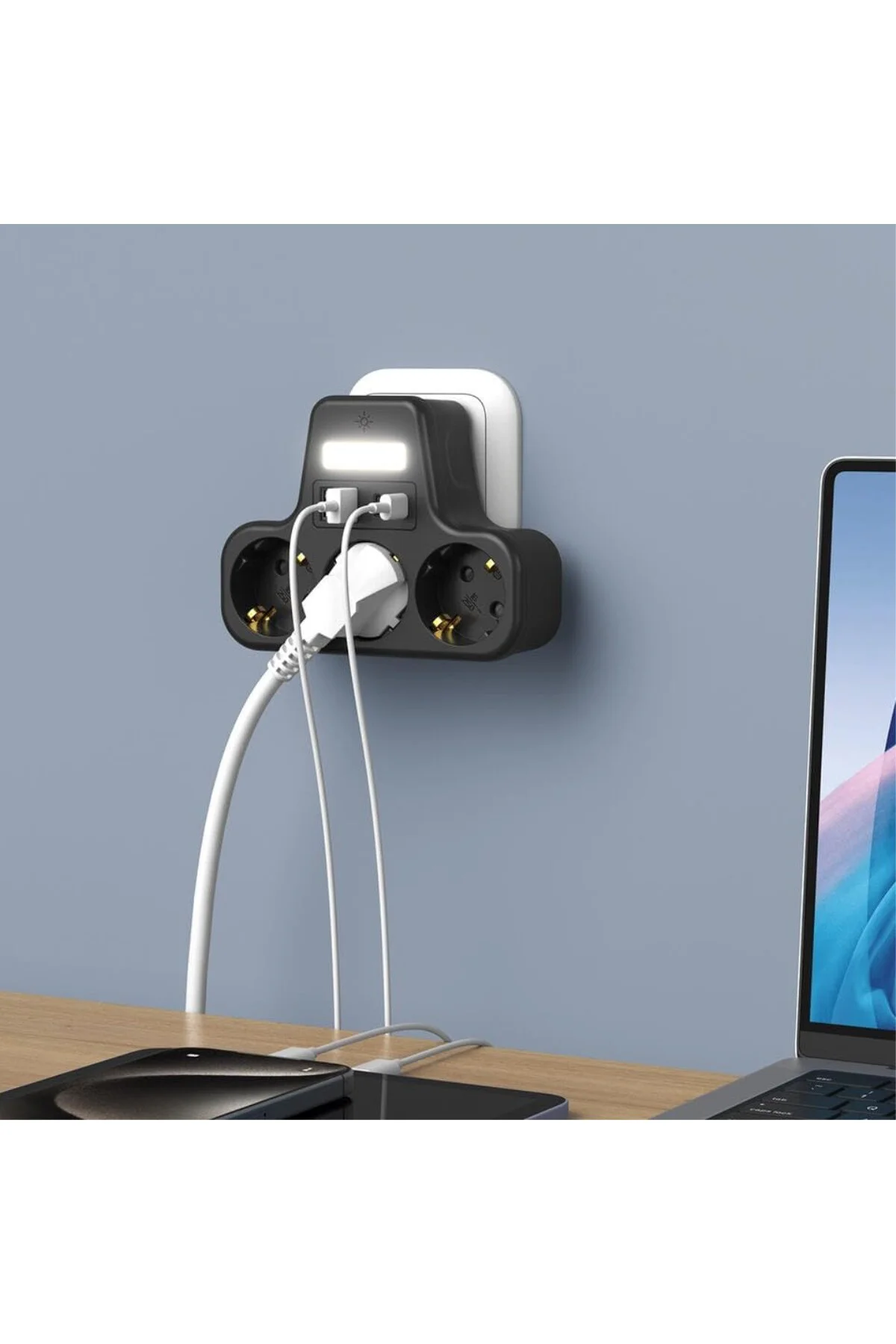 LED Gece Işıklı 3680 W Priz Adaptörü - 3'lü Akım Korumalı Priz + LED Gece Işıklı 3680 W Priz Adaptörü - 3'lü Akım Korumalı Priz +
