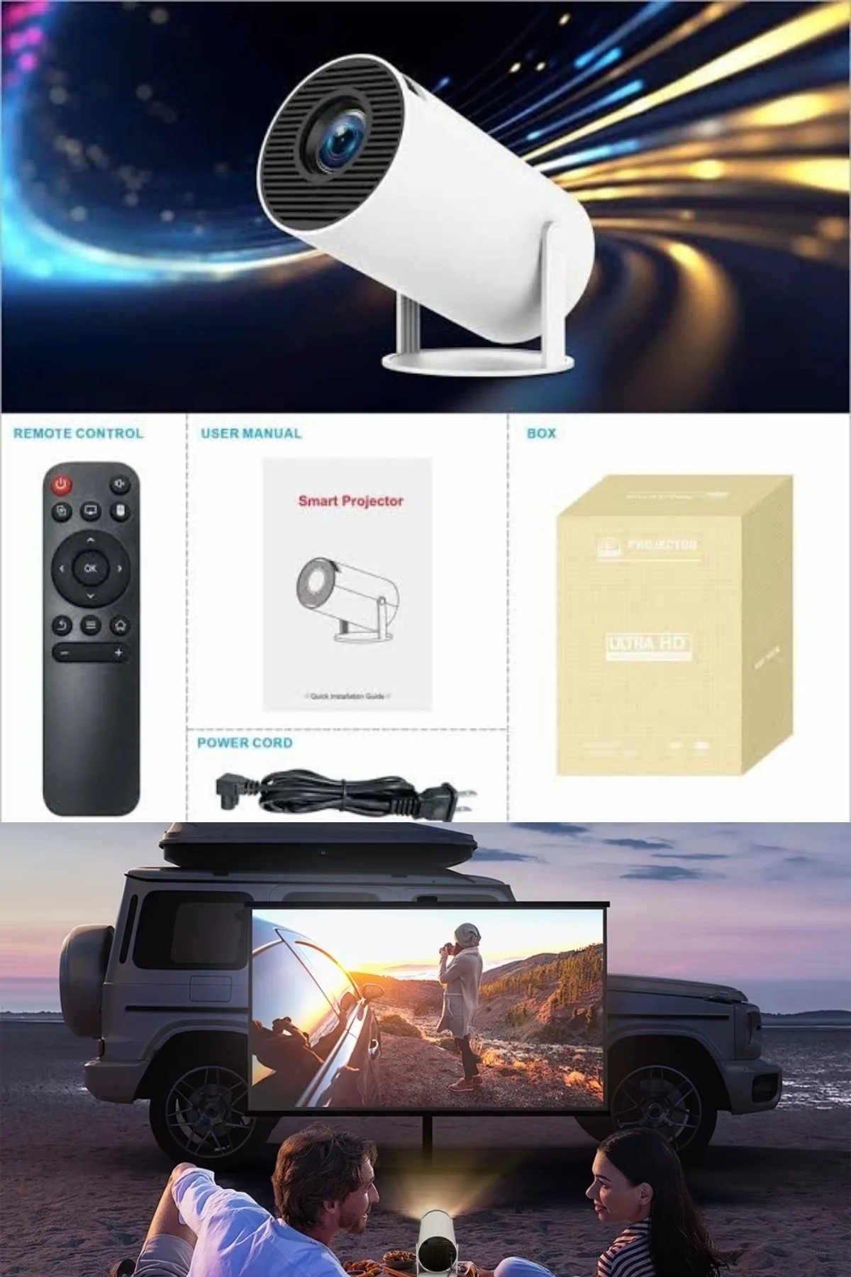 LED görüntü teknolojili 4K çözünürlüklü beyaz projeksiyon cihazı, 1080P, HDR, kablosuz, HDMI
