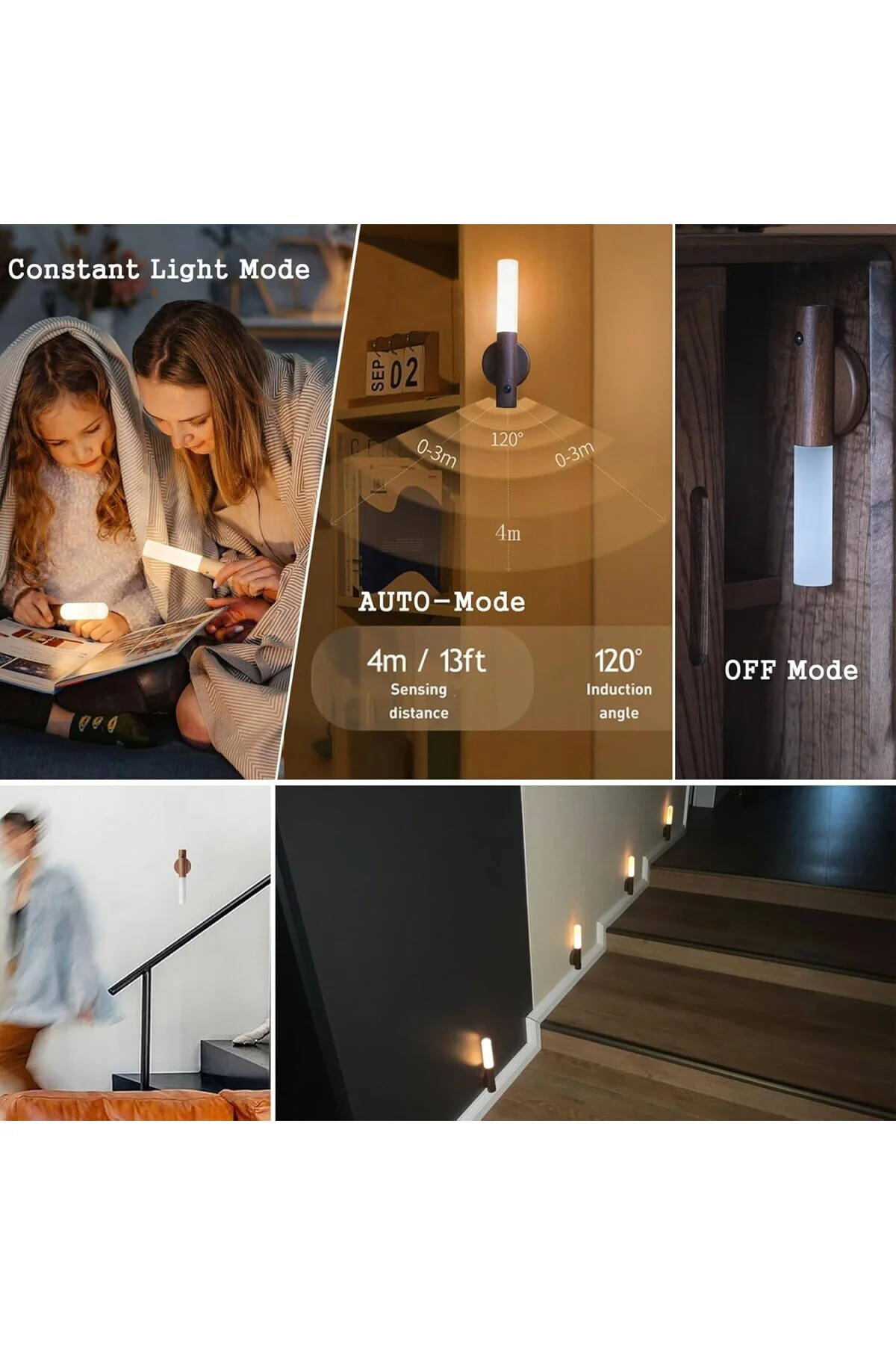 LED hareket sensörlü ışık, ahşap duvar lambası, akü merdiveni, USB şarj edilebilir, vintag