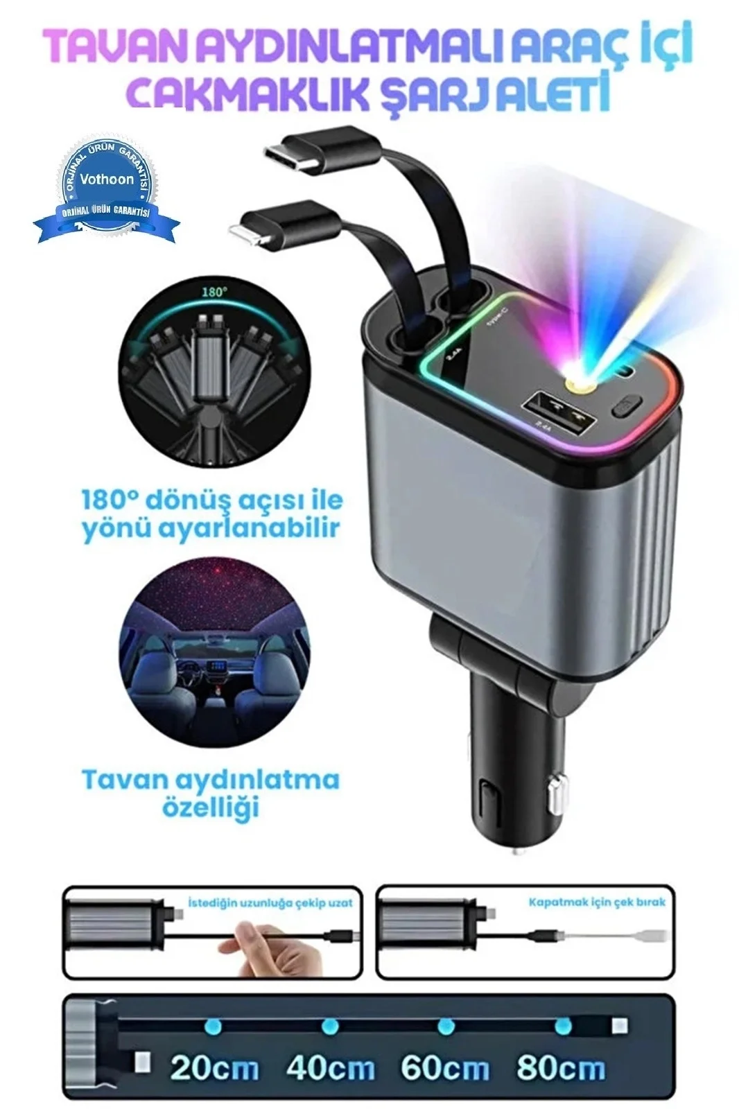 Led Işık Tavan Aydınlatmalı 66w 4’1 Çift Kablolu Hızlı Şarj 3.4a Araç İçi Çakmaklık Şarj Aleti Fiyatı, Yorumları ve Özellikleri