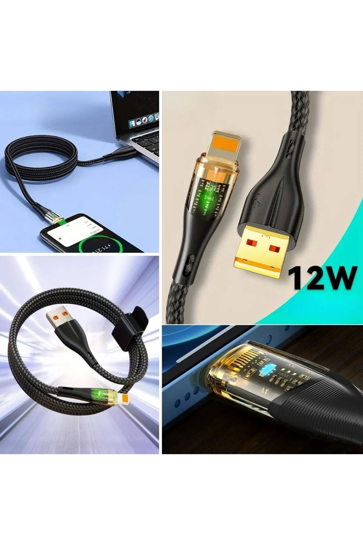 Led Işık Uçlu Sağlam İp Kablolu USB to Lightning Hızlı Şarj Kablosu Led Işık Uçlu Sağlam İp Kablolu USB to Lightning Hızlı Şarj Kablosu